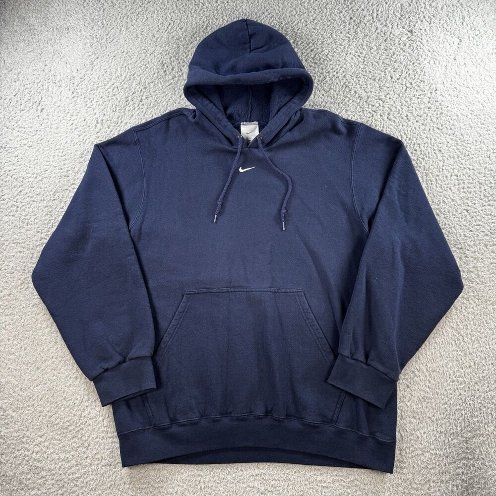 Vintage Nike Hoodie Mens L Navy Blue Center Swoosh Sweatshirt Silver Tag Y2K
